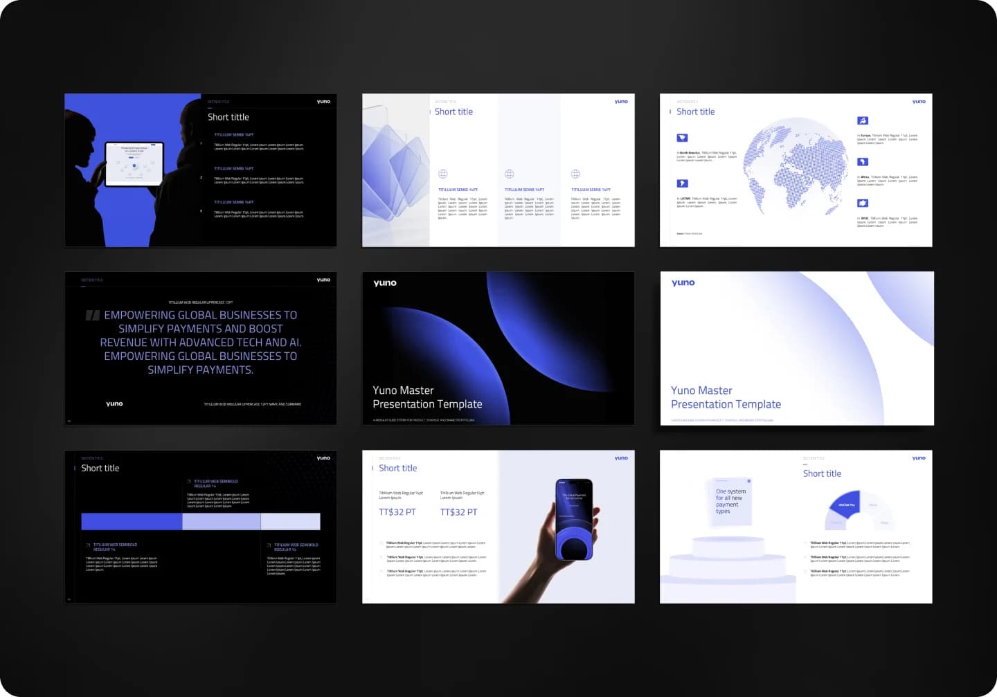 Yuno color palette — deep black, graphite, and electric blue fintech accent