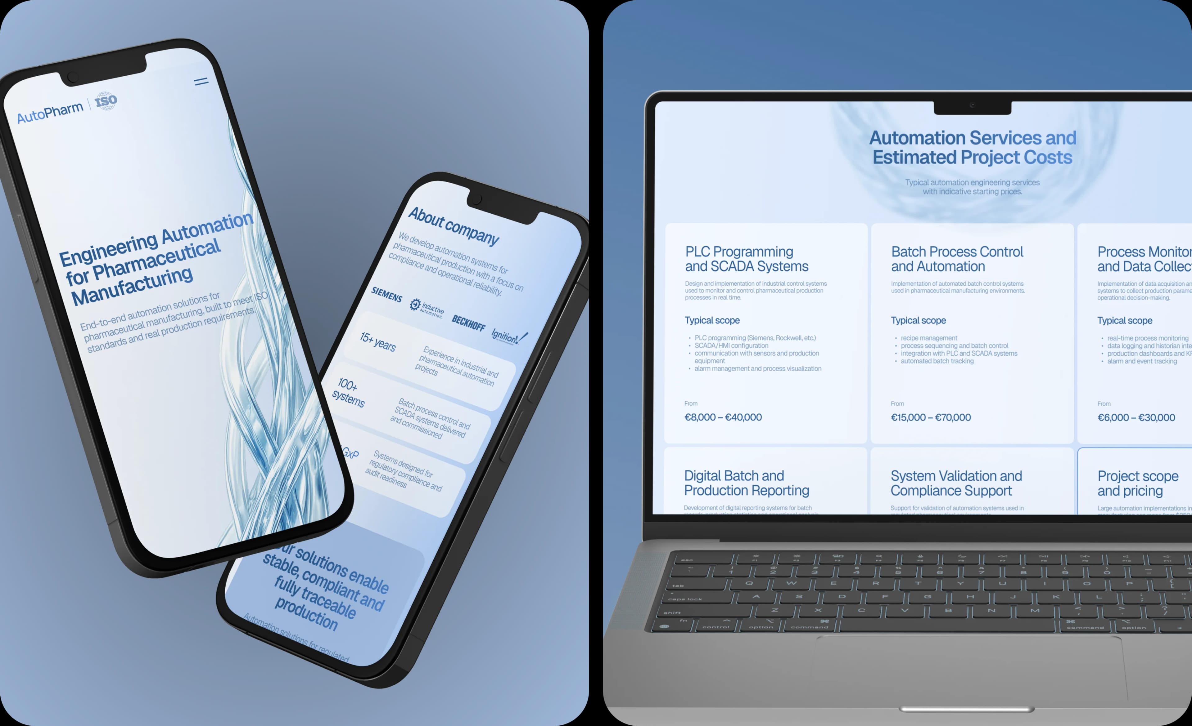 AutoPharm — homepage on mobile and the automation services page with project cost ranges on desktop